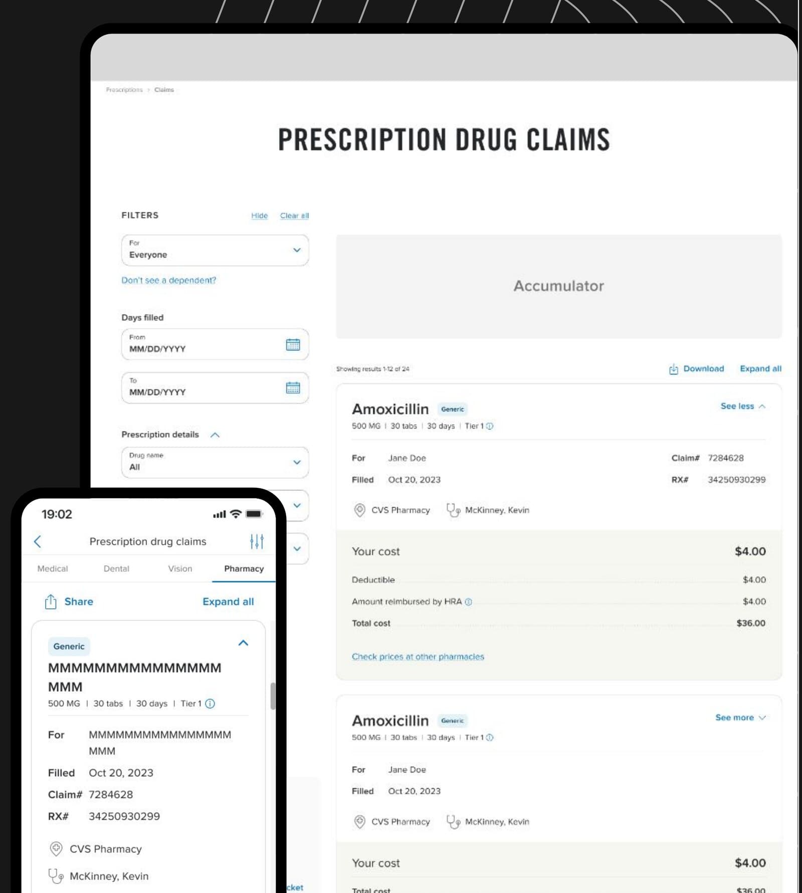Redesigned prescription drug claims interface shown on tablet and phone