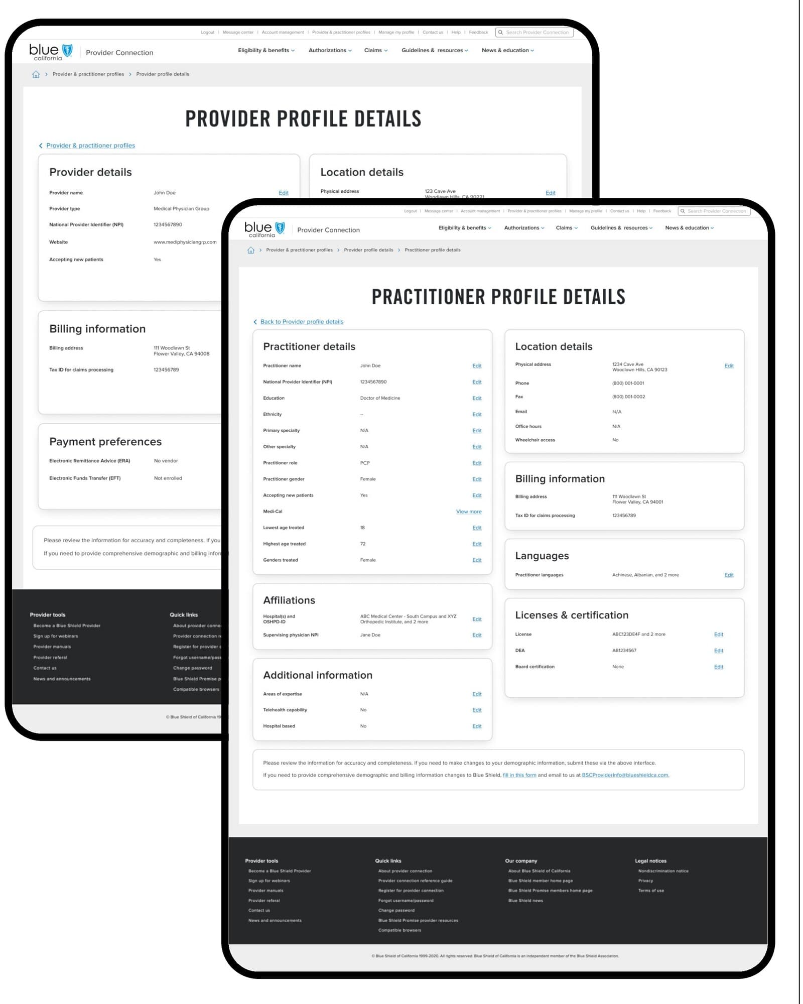 Provider and practitioner profile detail screens in the Provider Connection portal